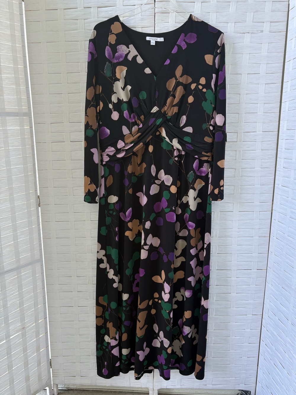 Chico's Size 12 Black Floral Twist-Front Long Sleeve Maxi Dress V Neck Office
